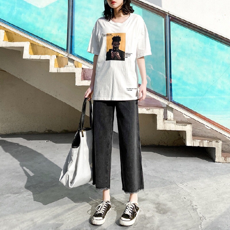 Quần  Jeans ống xuông Rua  Gấu -Hàng  loại  1