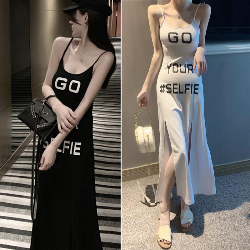 Đầm hai dây dáng dài in chữ xẻ tà cao quyến rũ cho nữ