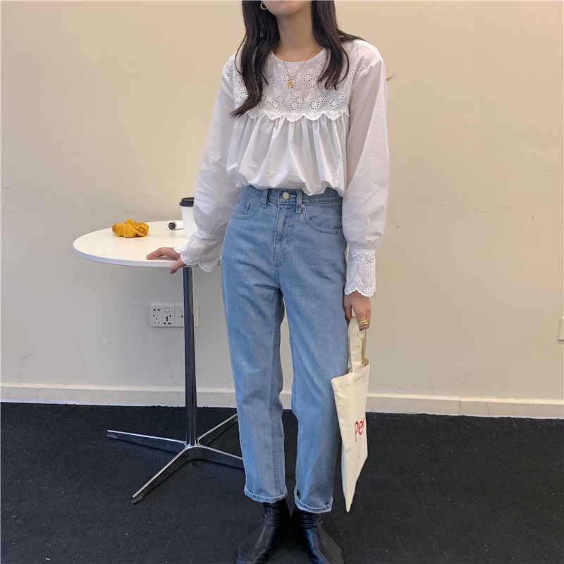 SUXI Áo Kiểu Tay Dài Cổ Tròn Phối Ren Phong Cách Hàn Quốc Thời Trang Mùa Thu Cho Nữ