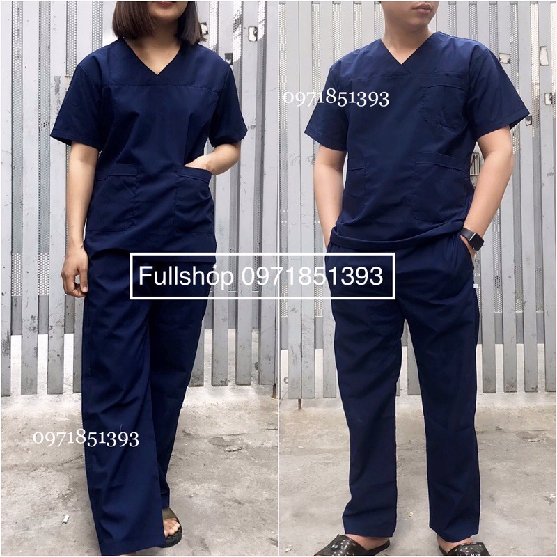 Bộ Scrubs Nam Nữ màu xanh đen - Bộ quần áo cổ tim kỹ thuật viên cho bác sĩ, hộ lý, thẩm mỹ viện