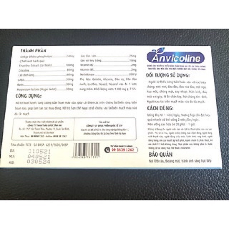 anvicoline (ginkgo biloba phospholipid nhập khẩu từ pháp hỗ trợ hoạt huyết,tăng cường tuần hoàn máu não,tan cục máu đông