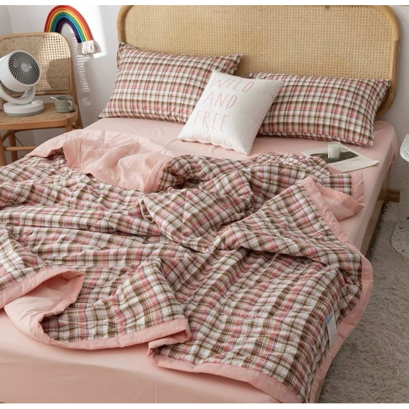 set chăn đũi kẻ đẹp 4 món mềm mịn, mát, thấm hút mồ hôi tốt