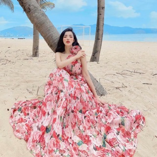 Váy maxi lệch vai tơ tầng lệch vai hoa tết siêu xinh