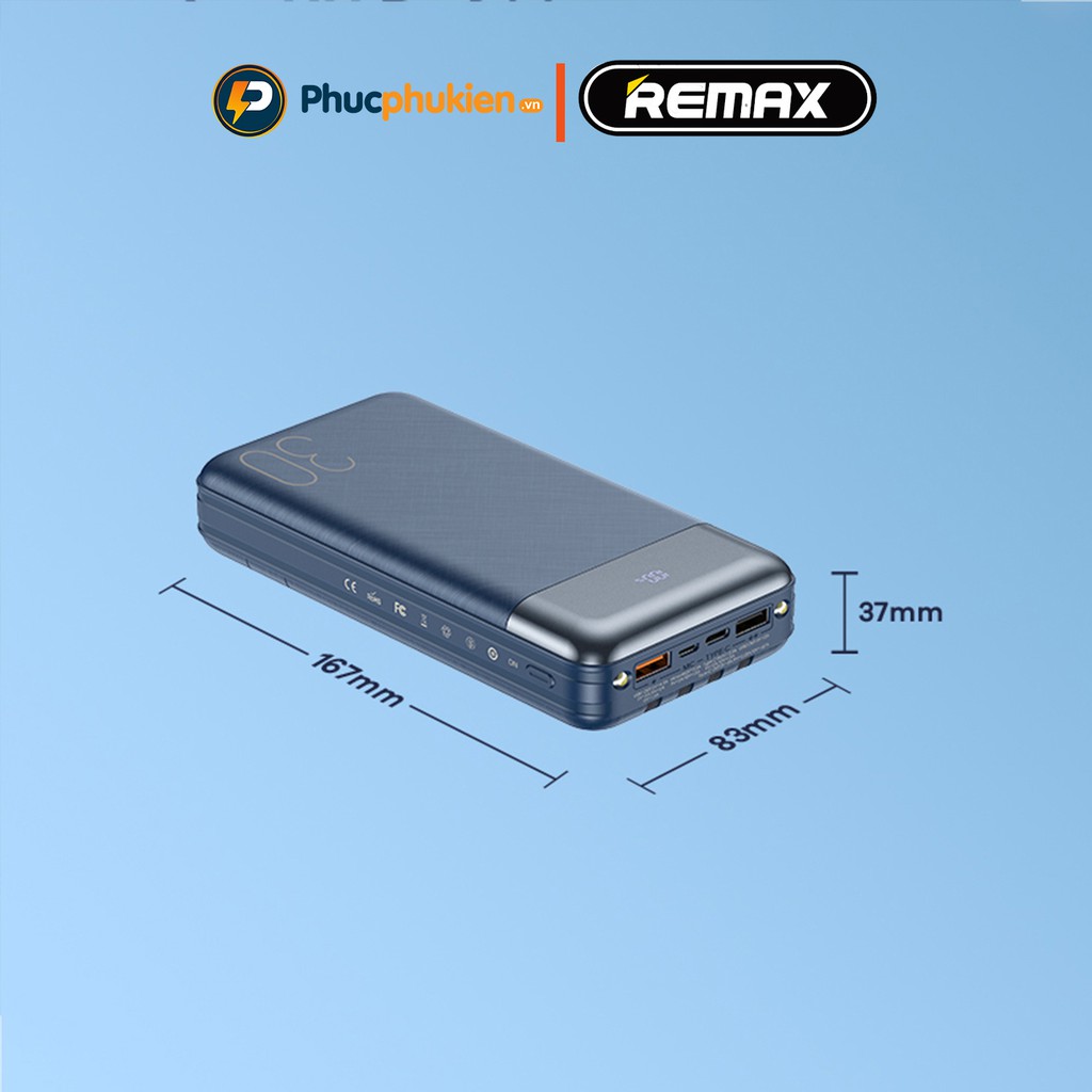 Sạc dự phòng 30000mah chính hãng Remax RPP 199 tích hợp dây sạc nhanh hỗ trợ sạc nhanh PD 20w và QC 3.0 - Phúc Phụ Kiện