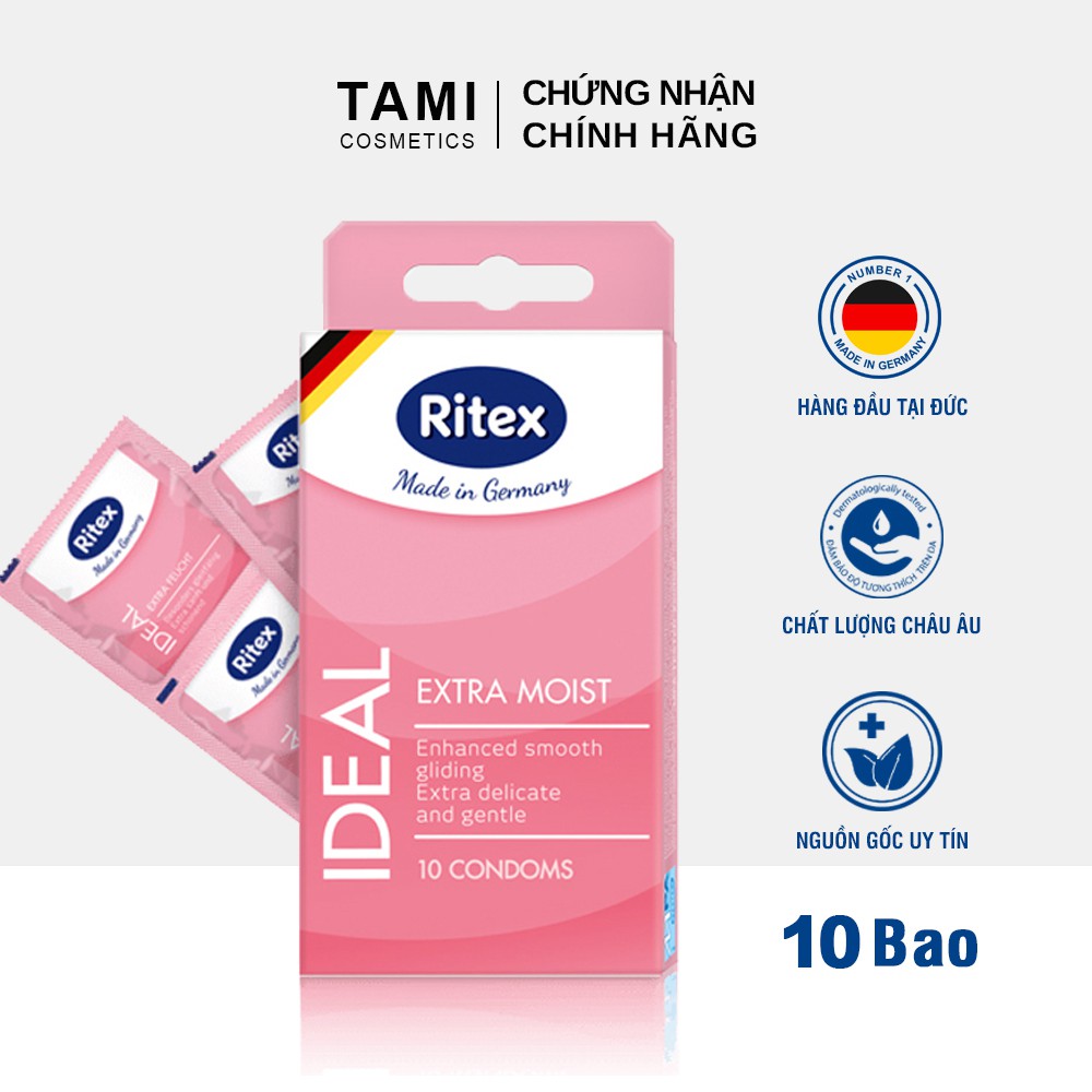 Bao cao su RITEX IDEAL Siêu ẩm ướt - Thêm gấp đôi chất bôi trơn Hàng đầu tại Đức [Hộp 10 chiếc] Có che tên RI-IDEAL10