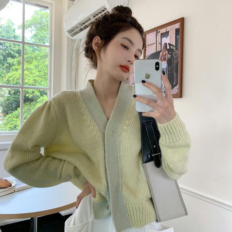 Áo khoác Cardigan dệt kim cổ chữ V phong cách Retro Hong Kong mới cho nữ