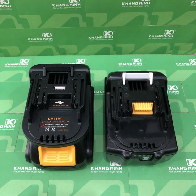 Đế chuyển pin Milwaukee và Dewalt sang Makita 14.4v - 18v, cổng sạc 5V