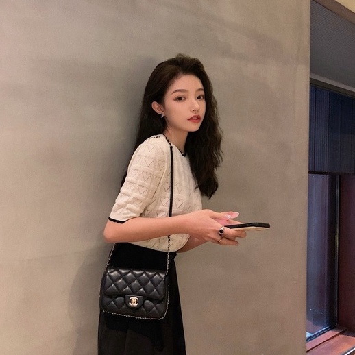 Áo thun ZHELIHANGFEI dệt kim tay ngắn phong cách Pháp thời trang mùa hè 2022 dành cho nữ