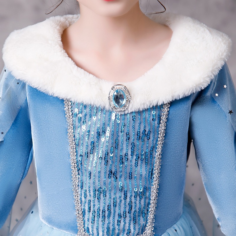 Đầm công chúa Elsa tay dài phối lưới đính kim sa màu xanh dương thời trang thu đông 2020 cho bé gái