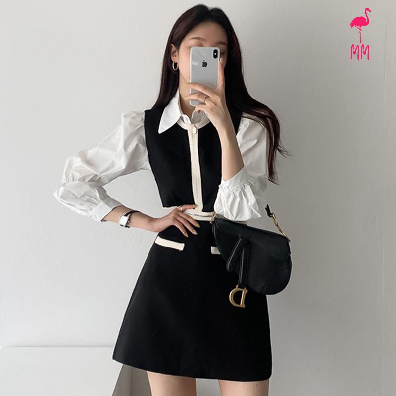 Set Áo Sơ Mi Phối Ghi Lê + Chân Váy Lưng Cao Thời Trang Hàn Cho Nữ | BigBuy360 - bigbuy360.vn