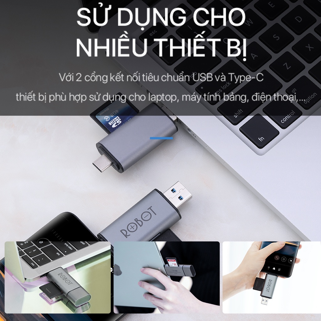 Thiết Bị Đọc Thẻ Nhớ SD MicroSD ROBOT CR202 - 2 Đầu Type-C Và USB 3.0 Hàng Chính Hãng Bảo Hành 12 Tháng 1 Đổi 1