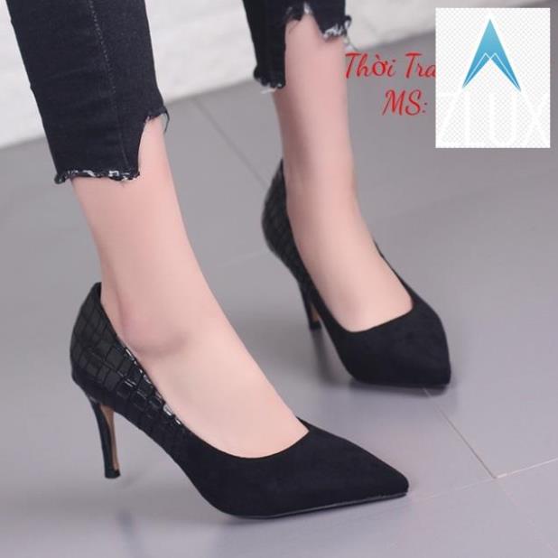 🤺 ❤FREESHIP50K❤ Giày cao gót nhung đen phối vân cá sấu big size 7cm size lớn 40 41 42 43 44 🤺