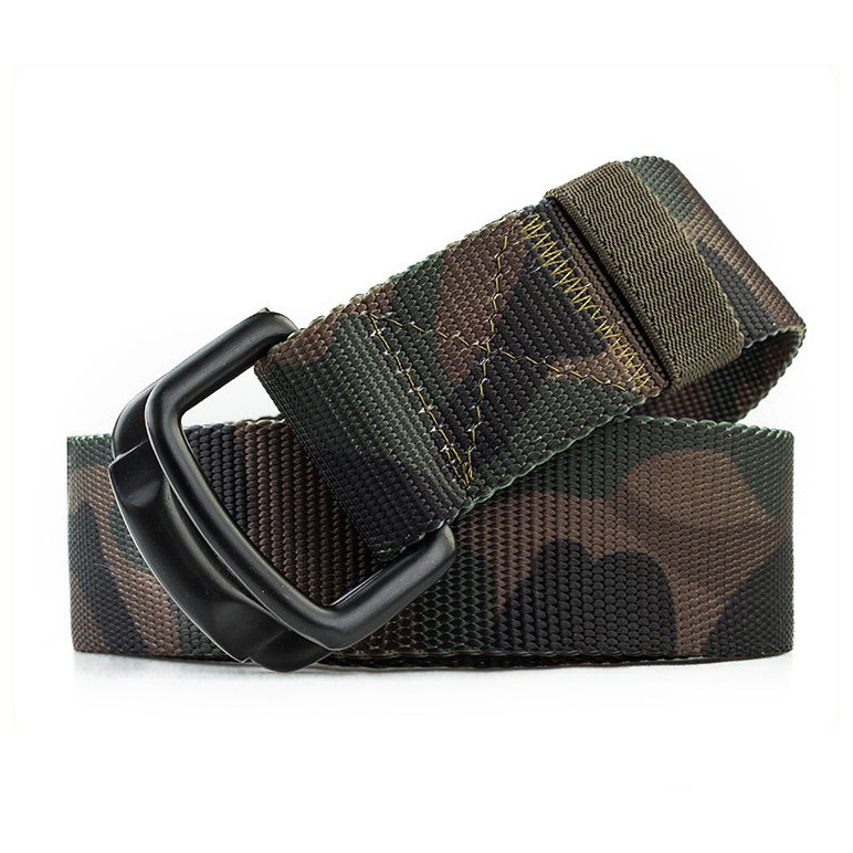 Dây nịt thắt lưng canvas dạng gài 2 thanh tròn khóa chữ D double ring rằn ri camo màu full đen