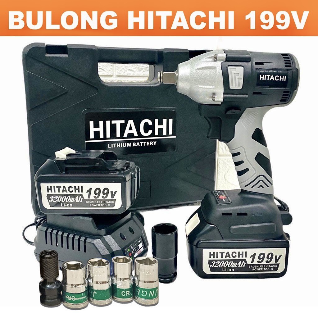 Máy siết bulong dùng pin không chổi than 199V Hitachi - Tặng kèm 05 đầu khẩu cao cấp + 01 đầu chuyển bắt vít