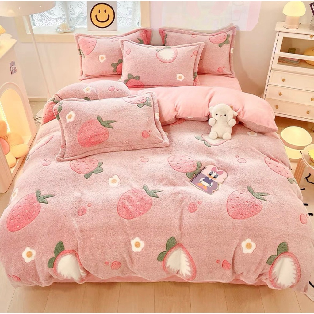 Bộ chăn ga gối nỉ nhung 5D cao cấp ga gối nỉ nhung tuyết sữa mới nhất hoạ tiết đáng yêu siêu mềm không rụng lông