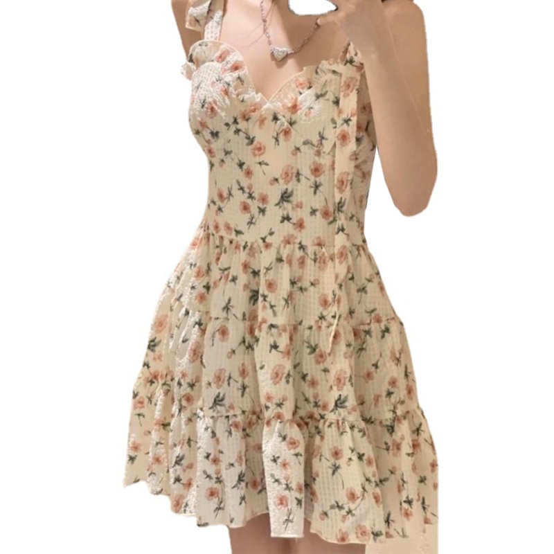 Đầm Chữ A Hai Dây Cổ Chữ V In Họa Tiết Hoa Phong Cách Vintage Thời Trang Mùa Hè Dành Cho Nữ