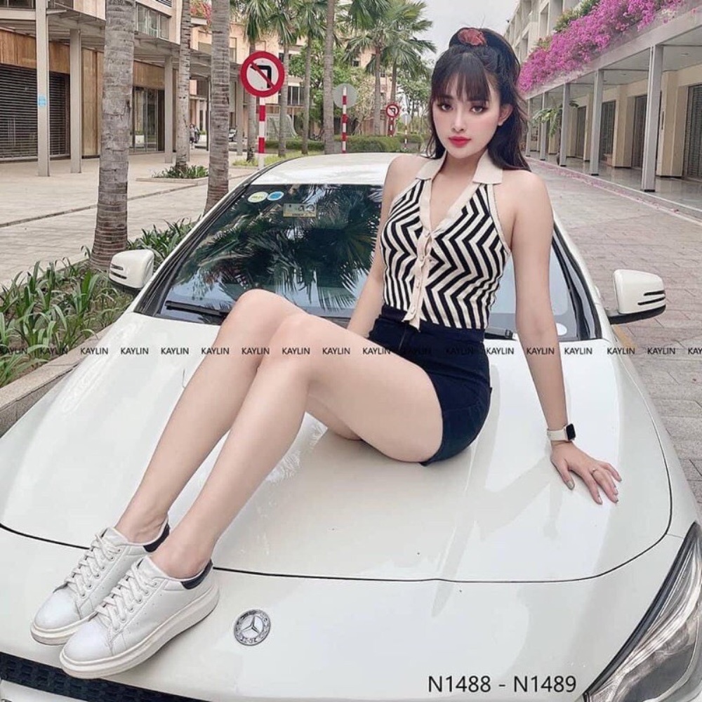 Áo croptop hở lưng cổ bẻ dệt kim họa tiết sọc phong cách retro Hàn quốc - Ruby design