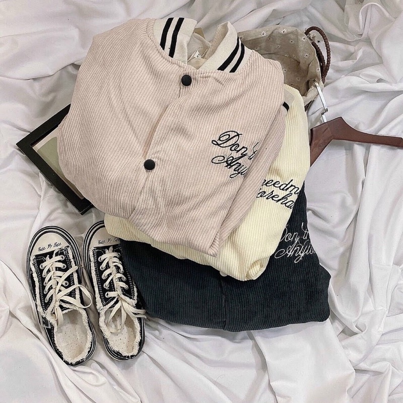 Áo khoác bomber bóng chày kaki nhung gân 2 lớp thêu unisex ulzzang nam nữ