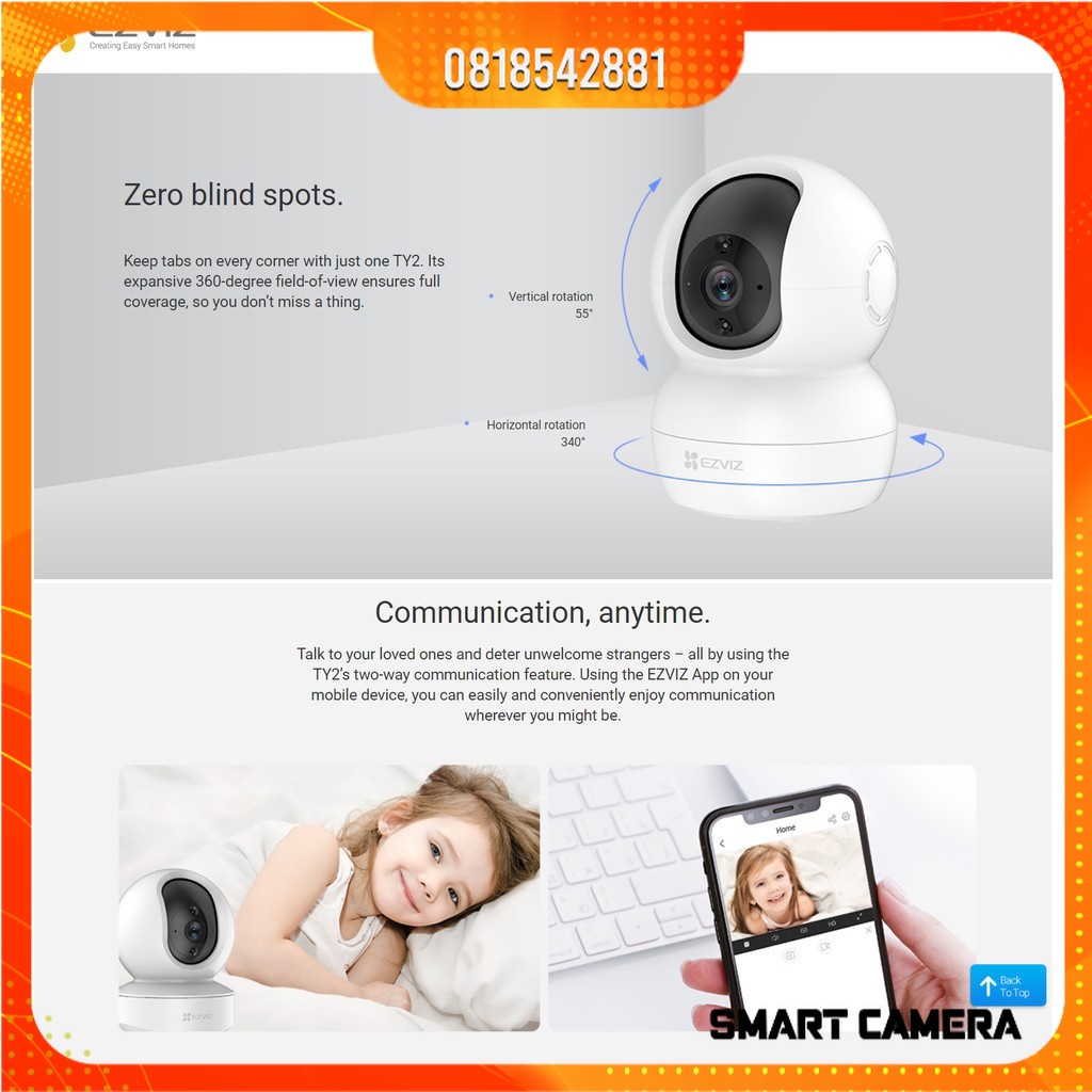 Camera wifi  không dây, camera gia đình Ezviz TY2 2M 1080p,xoay 360 Độ, Đàm thoại loa 2 chiều - Hàng chính hãng