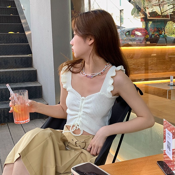 Thiết Kế Sense Niche Áo Dệt Kim Không Tay Phối Dây Rút Màu Trơn Dễ Phối Đồ Phong Cách Mới Cho Nữ