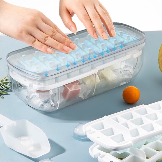 Khay Làm Đá 24 Viên, Hộp Làm Đá Có Nắp Đậy An Toàn Kèm Xẻng Xúc Đá