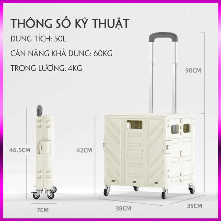Xe kéo hàng gấp gọn đi chợ dung tích 50L, xe đẩy hàng gấp gọn mini chuyên đi shoping, siêu thị đa năng.