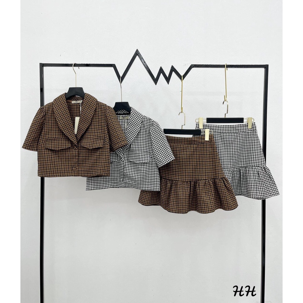 CHẤT ĐẸP. Set áo vest + chân váy đuôi cá, vải dạ caro QC, dáng áo crt, chân váy đuôi cá xoè
