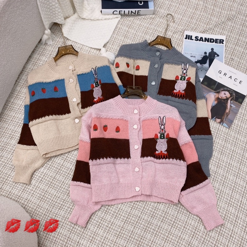 Áo len cadigan nữ chú thỏ cà rốt phối màu vintage