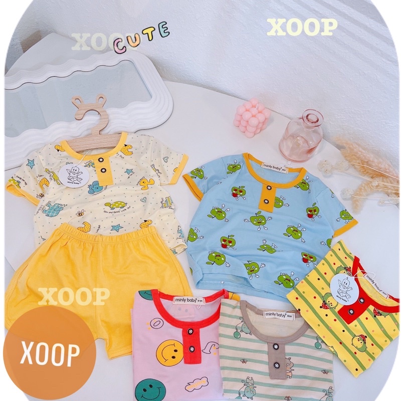 Bộ  cộc tay cổ trụ  chất thun lạnh in họa tiết mặt cười cho bé (size 8-18kg) BC2