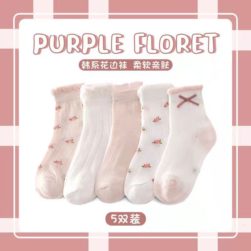 Set 5 Đôi Tất Cotton Siêu Mỏng Phối Nơ Xinh Xắn Cho Bé Gái