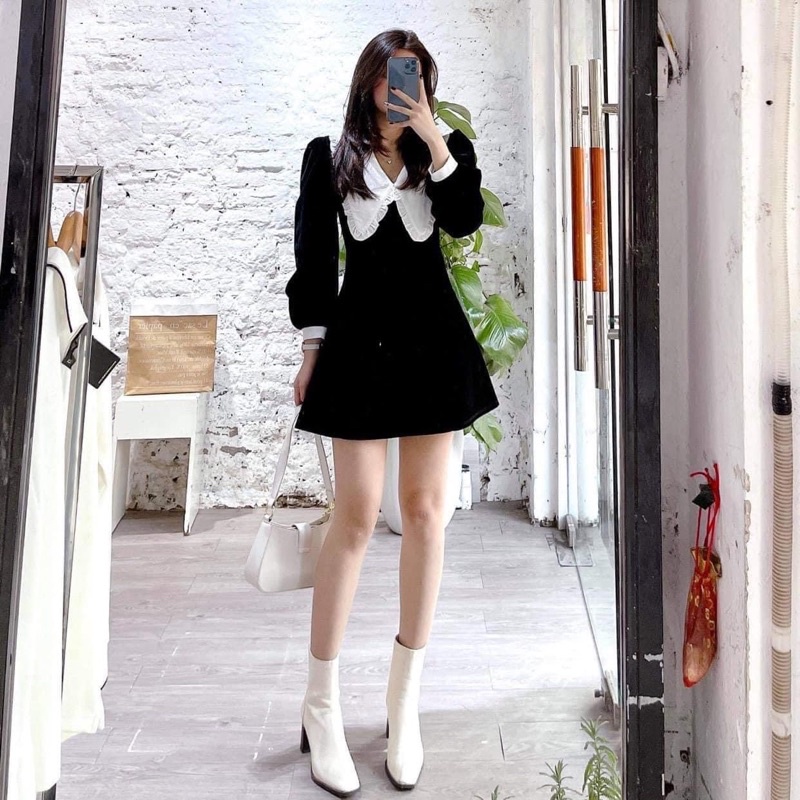 Váy nhung cổ bèo trăng có quần bảo hộ trong siêu ôm dáng
