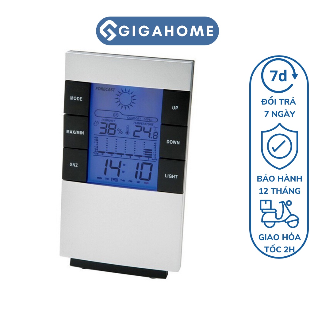 Đồng Hồ Đo Nhiệt Độ Phòng GIGAHOME Có Thời Gian, Báo Thức Màn Hình LCD 5538