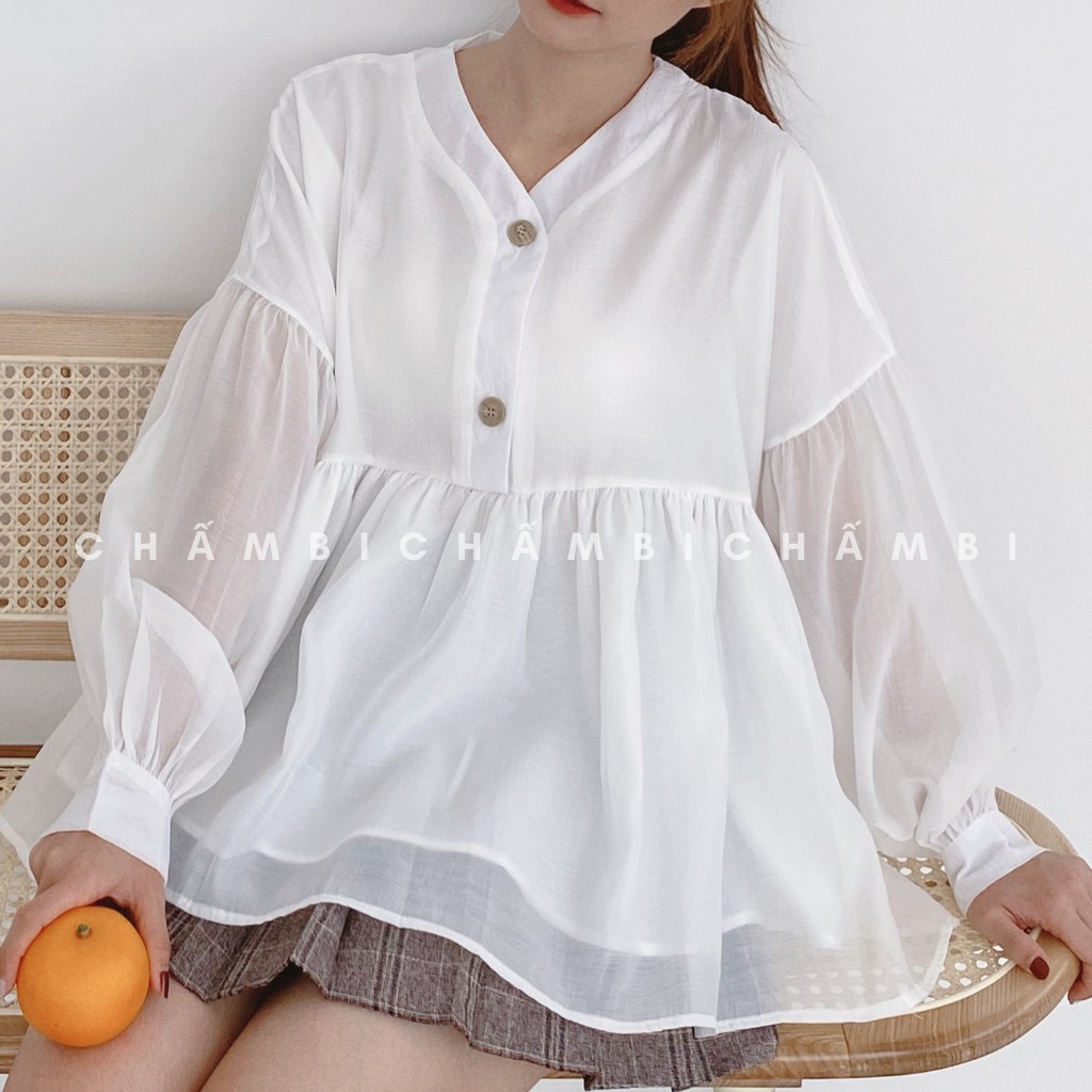Áo babydoll voan tơ nút giả gỗ hai tầng tiểu thư - BBD06FG