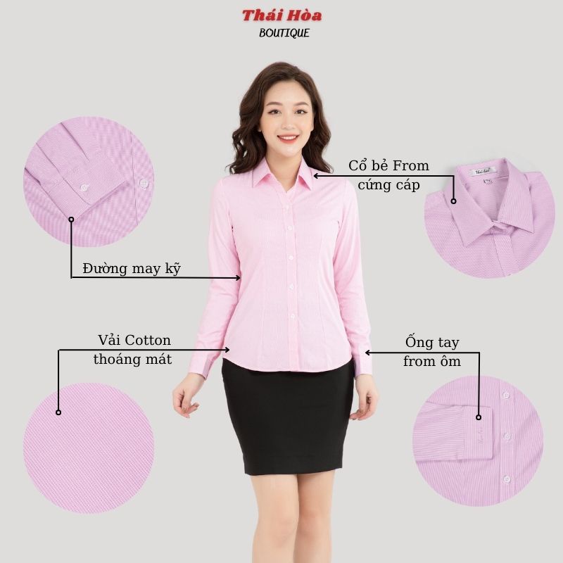 Áo sơ mi nữ dài tay công sở đẹp kẻ tăm caro chìm màu hồng cotton Thái Hoà 631-10-01