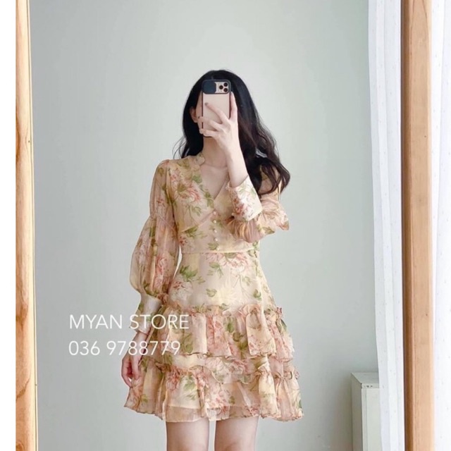 Váy voan hoa hoạ tiết be thiết kế siêu xinh 2 tầng