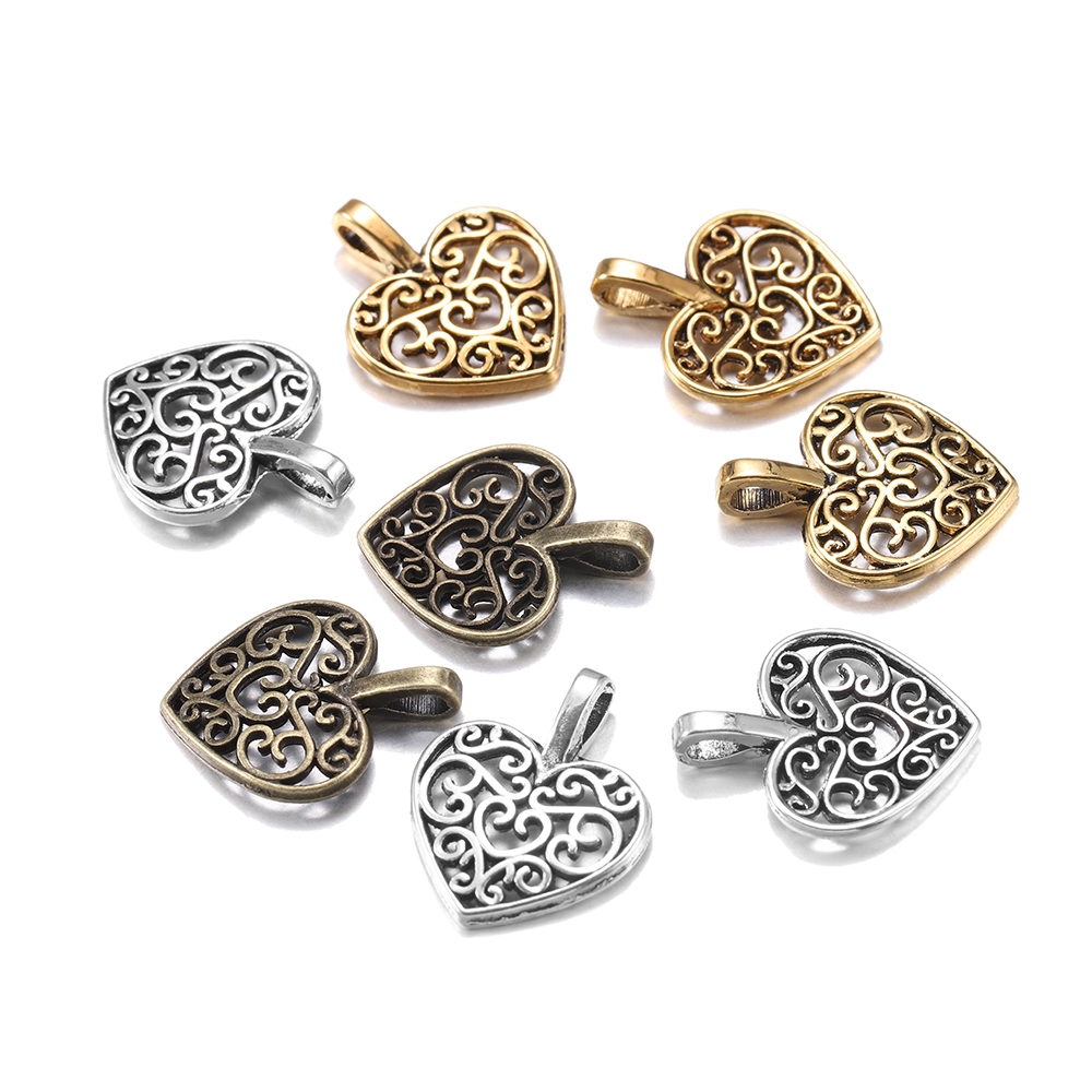 30 Mặt dây ST.KUNKKA hình trái tim khoét lỗ bằng đồng mạ bạc phong cách Tây Tạng