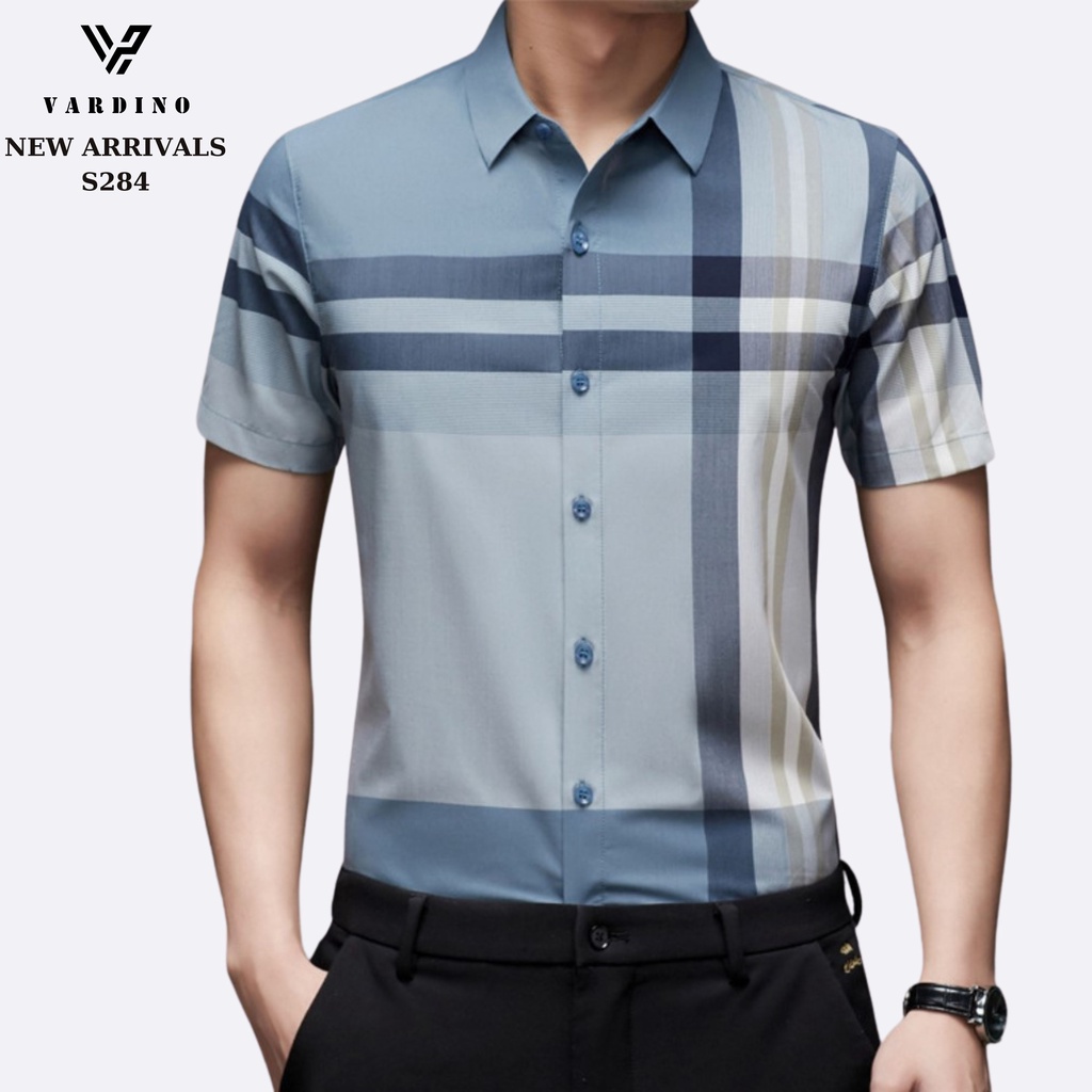 Áo sơ mi kẻ nam VARDINO tay ngắn vải Cotton lụa không nhăn không phai kiểu công sở trung niên s284