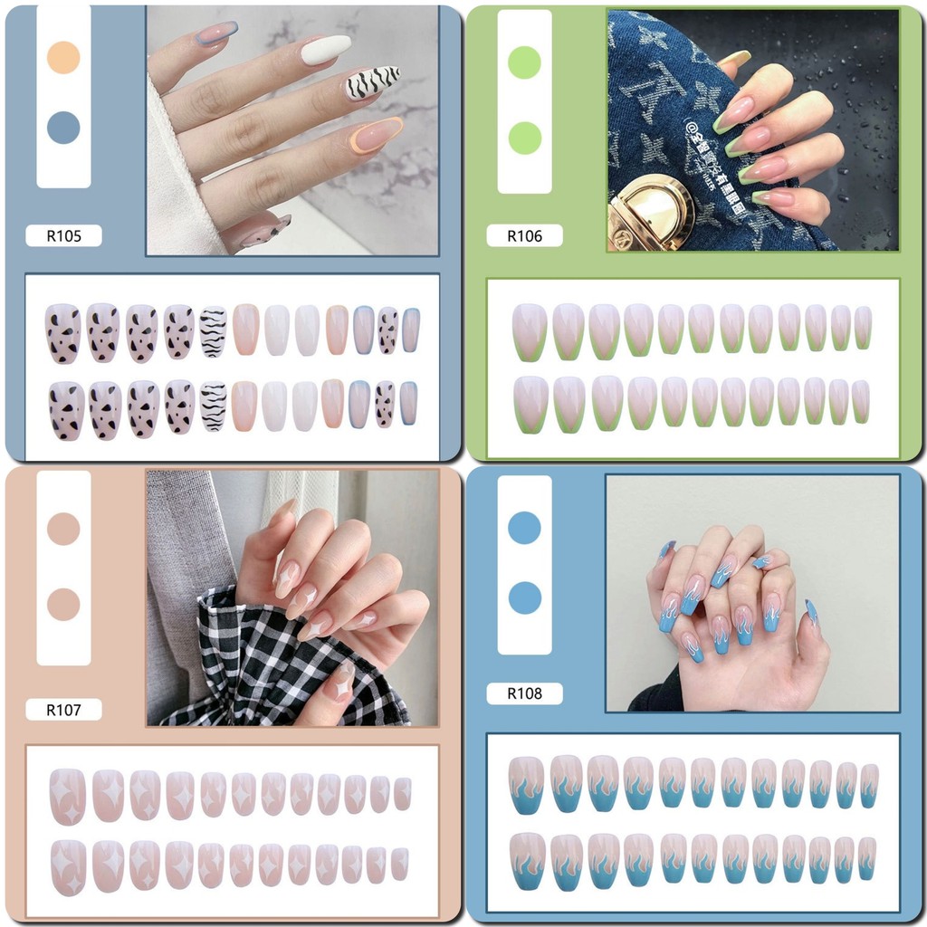 R101-R150 Set 24 Móng Tay Giả Ngắn/ Dài Kèm Keo Dán Thời Trang