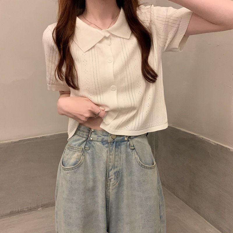 Áo kiểu XIAOZHAINV tay ngắn cổ polo vải lụa lạnh 3 màu sắc tùy chọn thời trang dành cho nữ