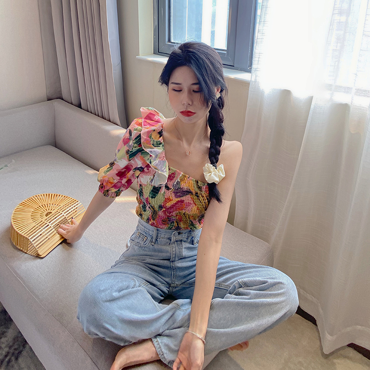 Áo Trễ Vai Tay Lửng Họa Tiết Hoa Thanh Lịch Cho Nữ