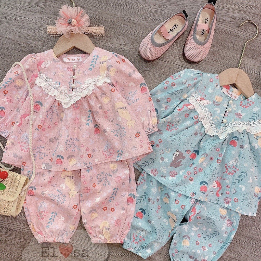 Đồ bộ dài tay trẻ em - Bộ pijama bánh bèo cúc sang chảnh bé gái AM802 TTR87
