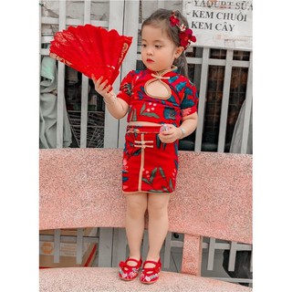 Sườn Xám Nhung Cổ Tàu Hoa Lá Cho Bé Gái [💯ẢNH THẬT💯] Hàng Thiết Kế Chuẩn Size Bé Từ 1 - 8 Tuổi MS52 Minmi Baby Kid