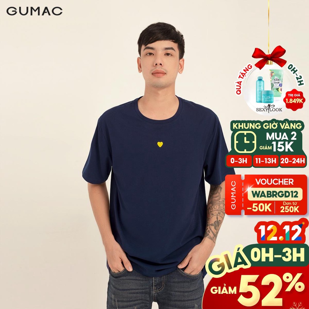 [Mã WABRGD12 giảm 10% đơn 250K] Áo thun nam trơn thêu tim GUMAC màu xanh freesize, ngắn tay thiết kế ABB141