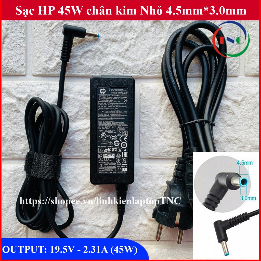 Sạc Laptop HP 19.5V 2.31A (45W) chân kim nhỏ 4.5mm x 3.0mm - tặng kèm dây nguồn