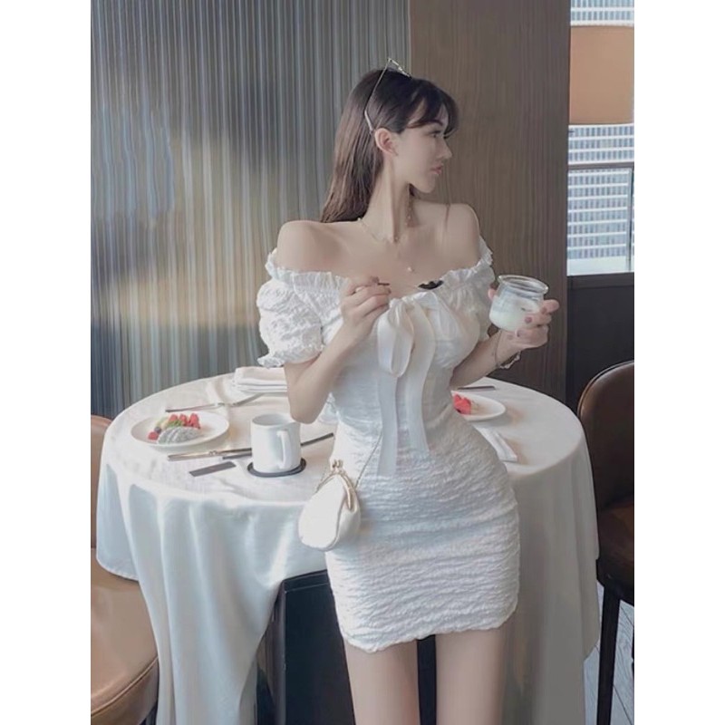 Đầm ulzzang cổ nơ bẹt vai (ib size)