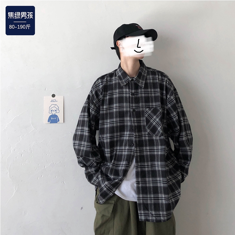 Áo sơ mi dài tay cổ bẻ in caro phong cách Hàn Quốc cá tính cho nam flannel jacket