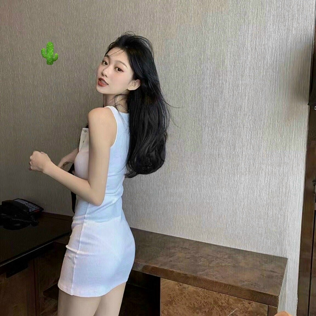 Đầm nữ gân bo dy 2 dây cài nút 2 màu cực đẹp cho cô nàng năng động oa