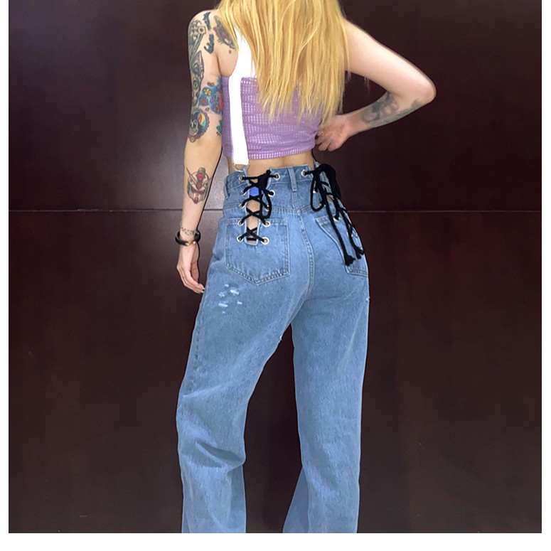 Quần jean đan dây eo lưng cao form rộng tôn dáng HQD47 - Hỉn Hỉn Store