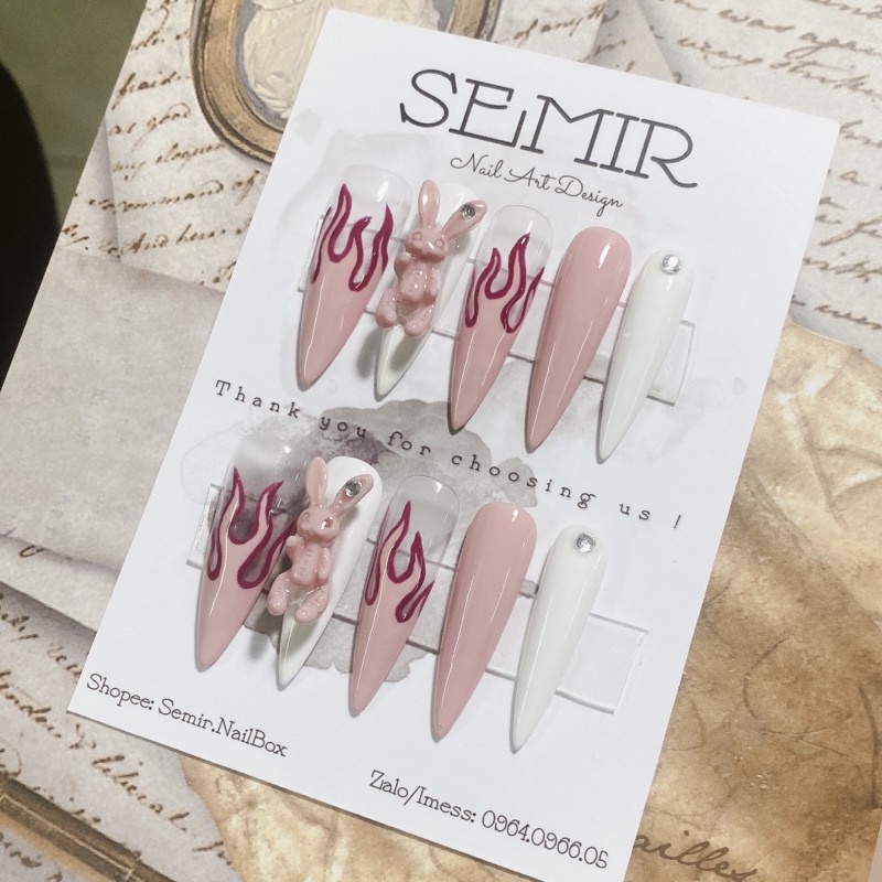 Nail box thiết kế theo yêu cầu - vẽ lửa gắn charm thỏ dễ thương