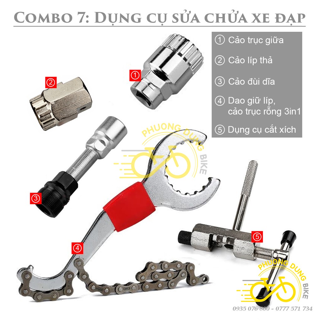 Combo7 - 5 món: Cắt xích 03, cảo líp thả, cảo trục giữa, cảo đùi dĩa, dụng cụ giữ líp 3in1